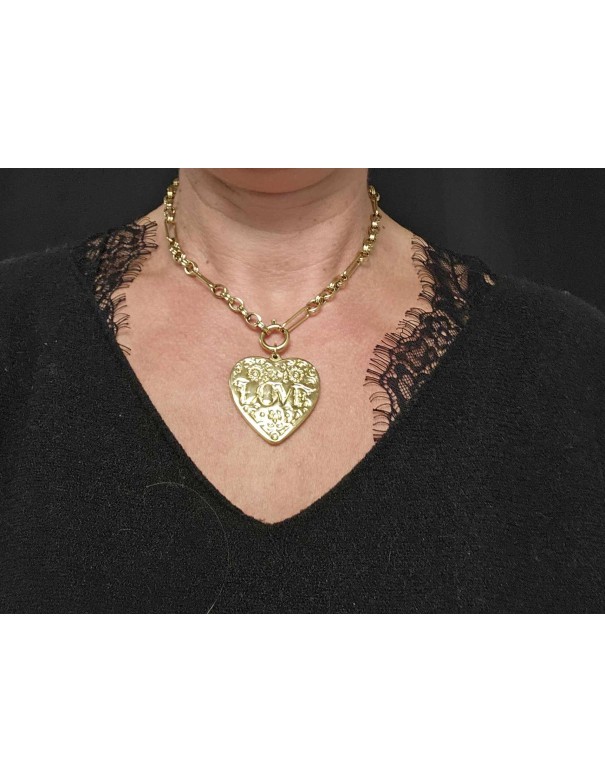 Collier grosse maille pendentif love